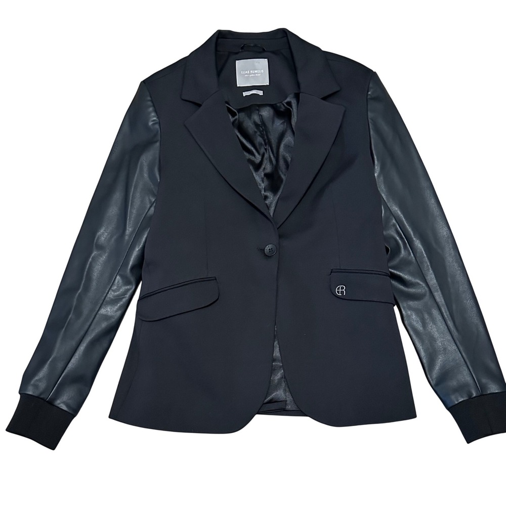ELIAS RUMELIS Black Alice Blazer Jacket W/Vegan Leather Sleeves See Size Pics